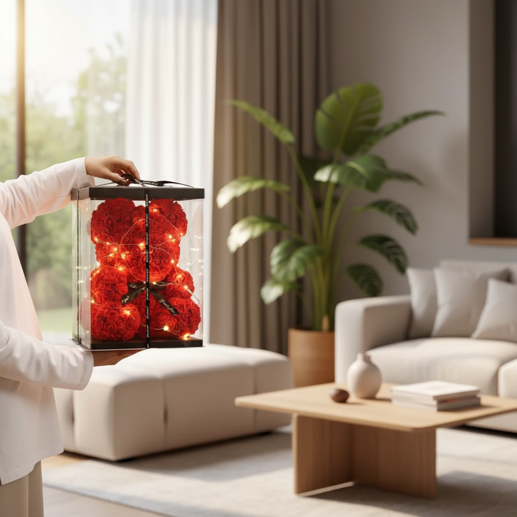 25cm Artificial Teddy Rose Flower Bear with Box Romantic Valentines Day Gift Girlfriend Women Anniversary Wedding Party Supplies