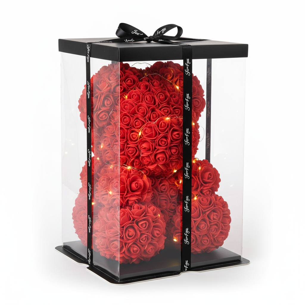 25cm Artificial Teddy Rose Flower Bear with Box Romantic Valentines Day Gift Girlfriend Women Anniversary Wedding Party Supplies